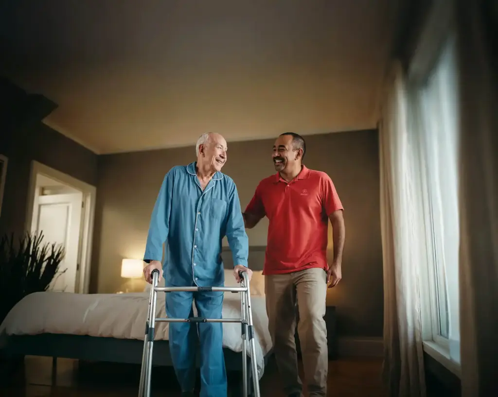 Caregiver assisting elderly man with walking frame for mobility support at home