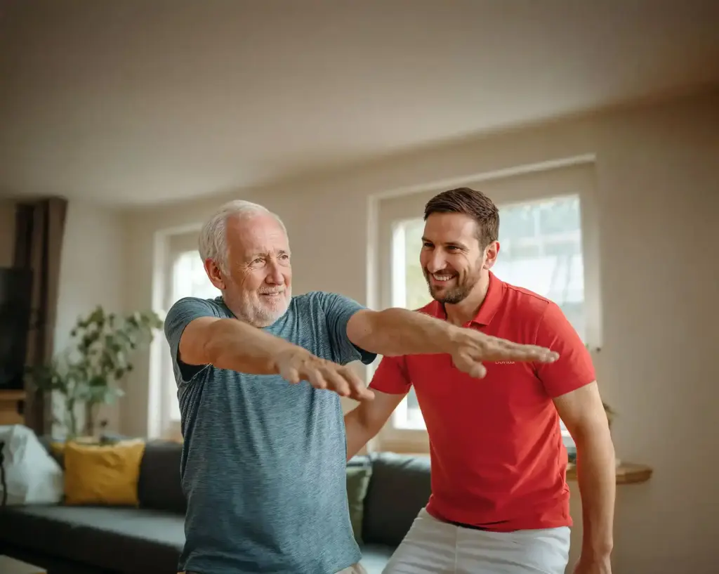 Caregiver supporting elderly man with indoor mobility exercise at home