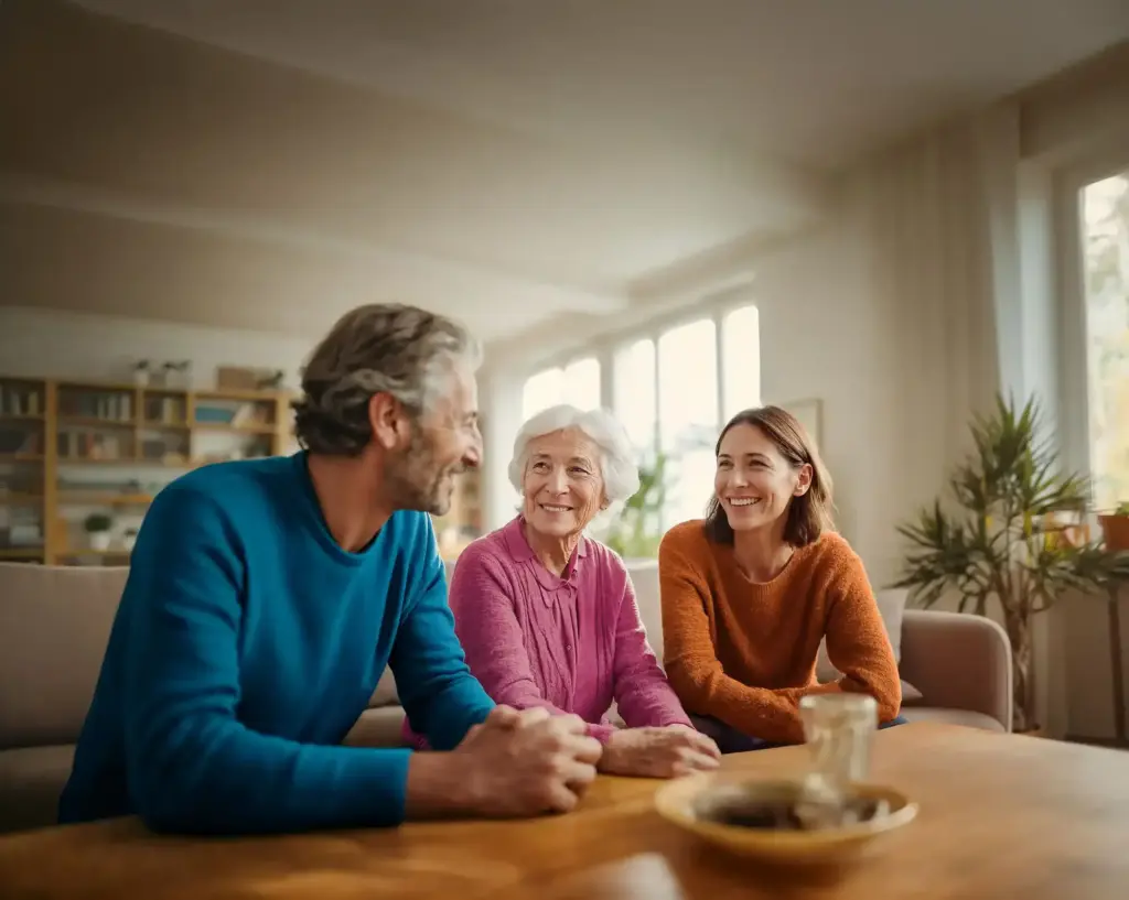 Elderly woman sitting on a couch smiling, engaged in conversation with family members at home.